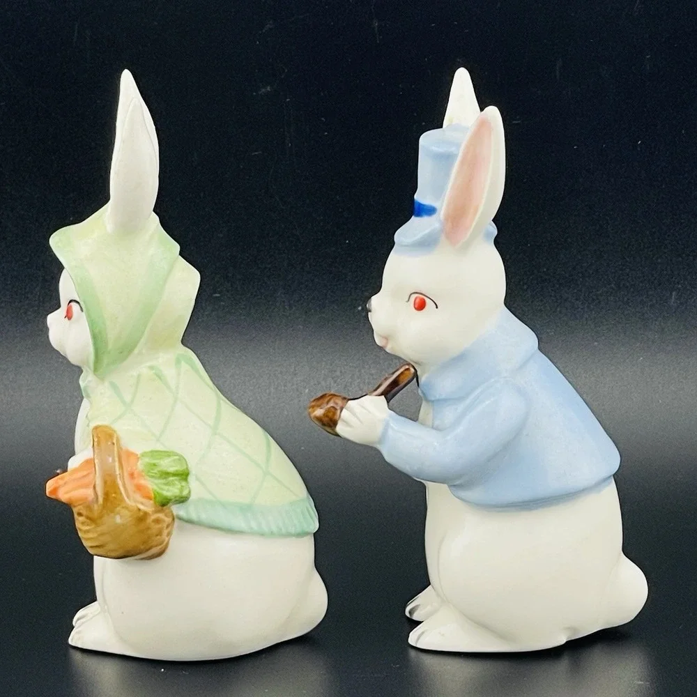Vtg Mr & Mrs Bunny Rabbits Figure Top Hat Fine A Quality Japan Set Lot of 2 Rare